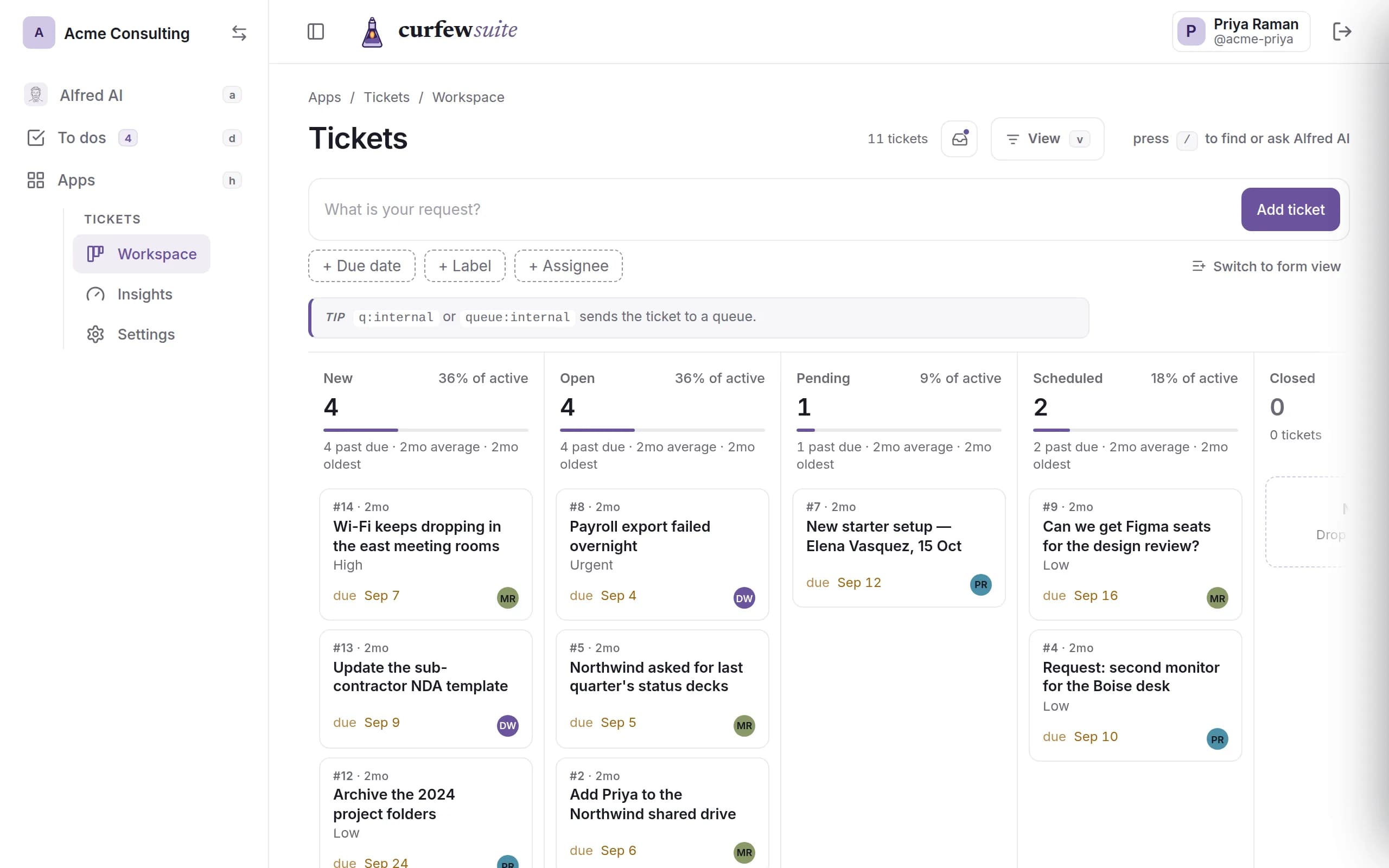 A Tickets board with requests sorted into New, Open, Pending and Scheduled, each card showing its due date and owner.