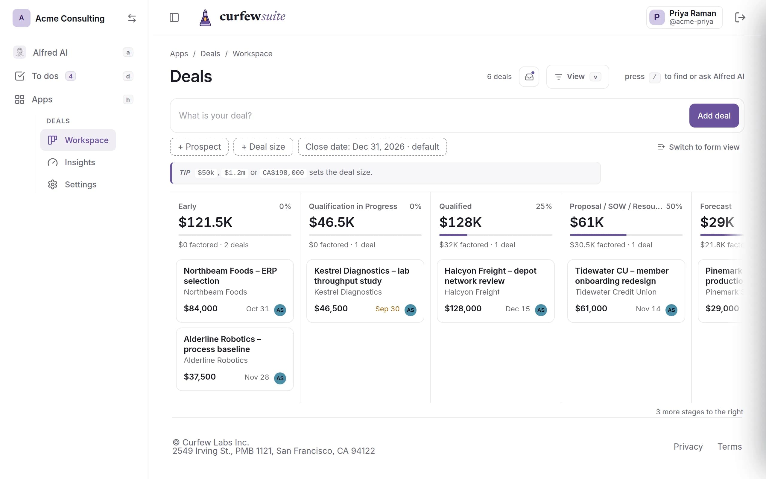 A Deals pipeline with deal values totalled by stage, from Early through Forecast, and a card for each deal.