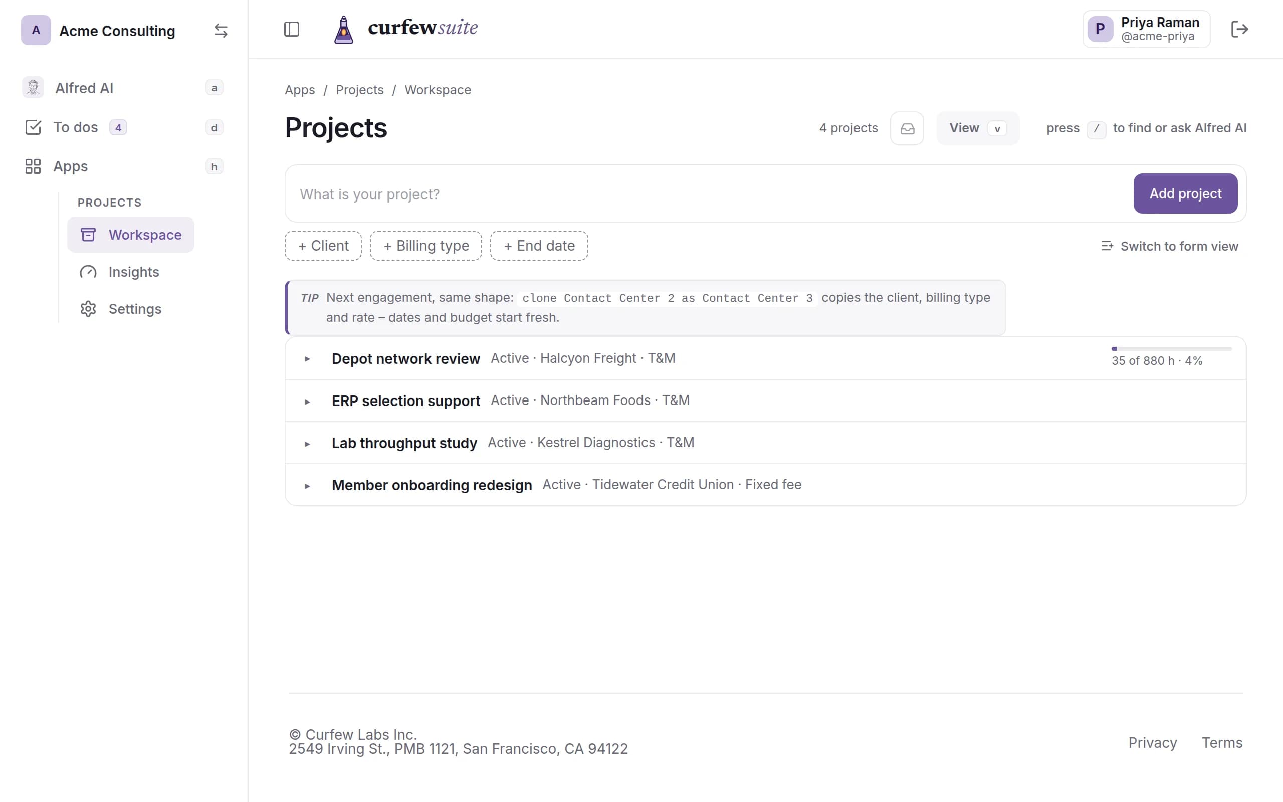 A Projects list of active client engagements, each with its client and billing type, and hours used against the budget.